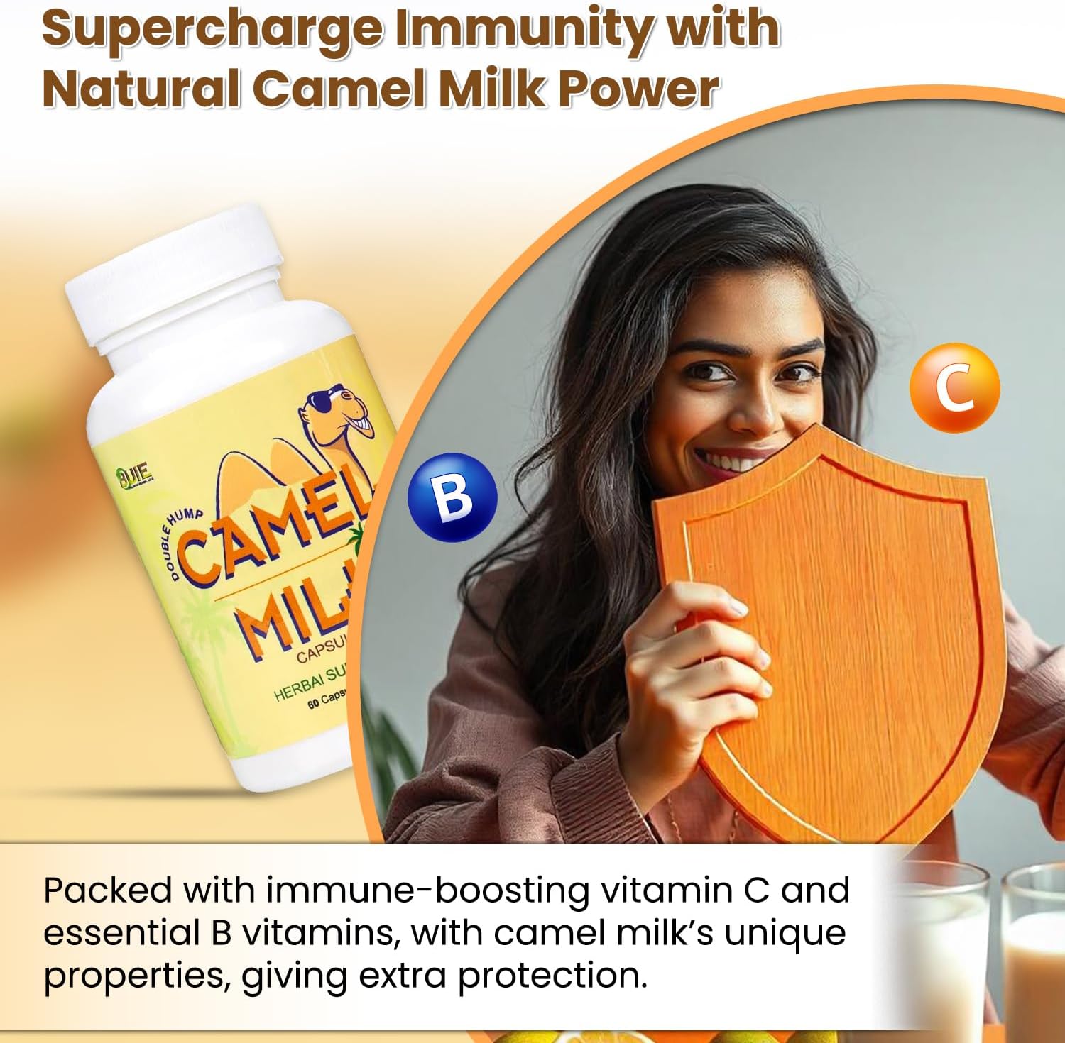 Pure Camel Milk Capsules with Herbal Supplements - 908.05mg Powder, Calcium, Vitamin C, B1, B2 - 60 Capsules - Espot.com.au