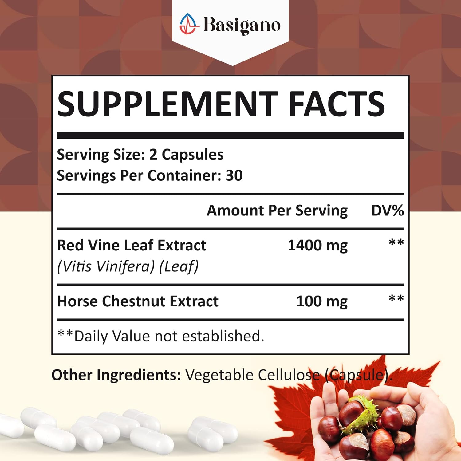 Premium Basigano Red Vine Leaf & Horse Chestnut Extract Capsules - 1500mg Vitis Vinifera Supplement for Healthy Veins, Circulation, Heart, and Skin - Espot.com.au