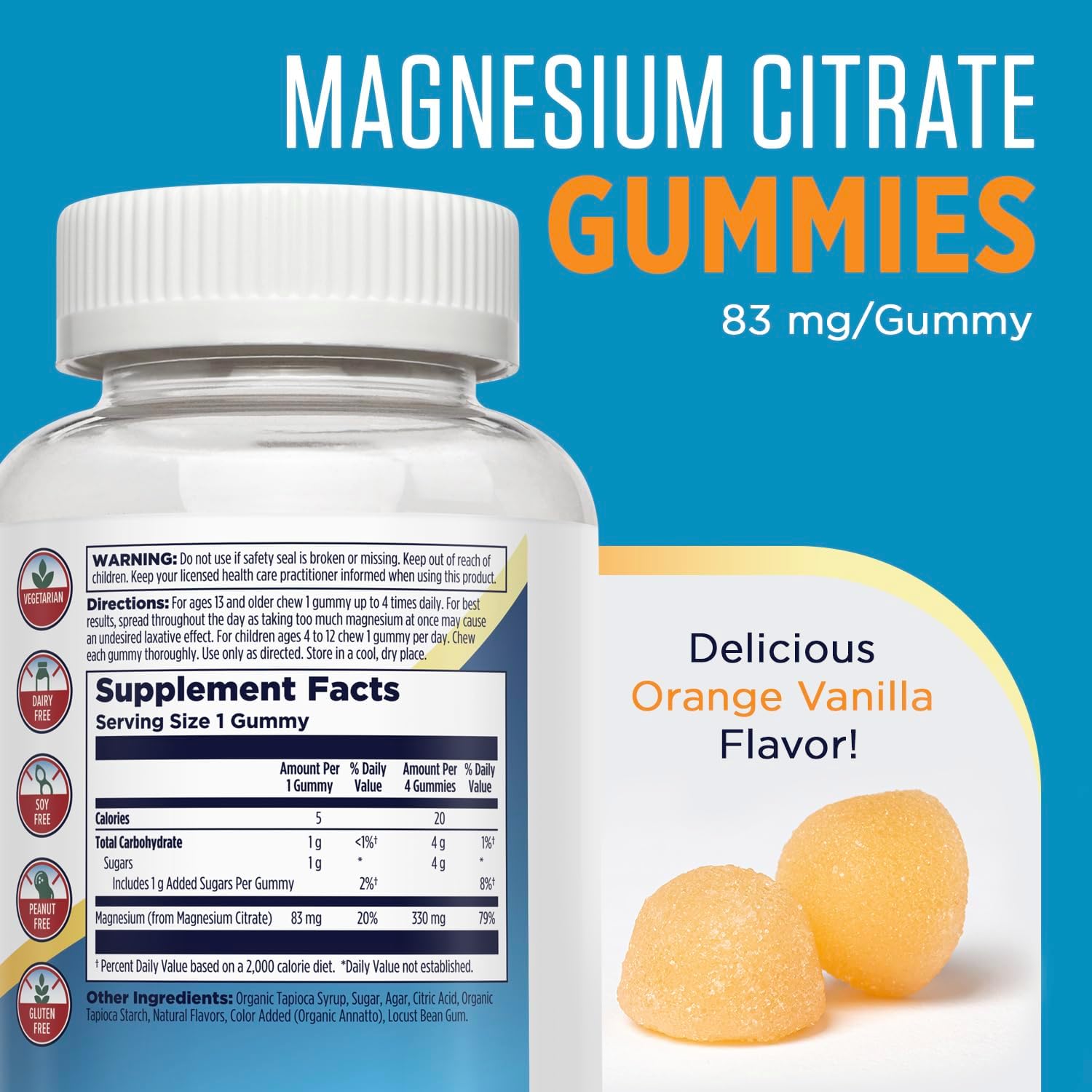 330mg Magnesium Citrate Gummies for Relaxation, Bone & Muscle Support - Orange Vanilla Flavor - Non-GMO & Vegetarian - 60 Gummies - Espot.com.au