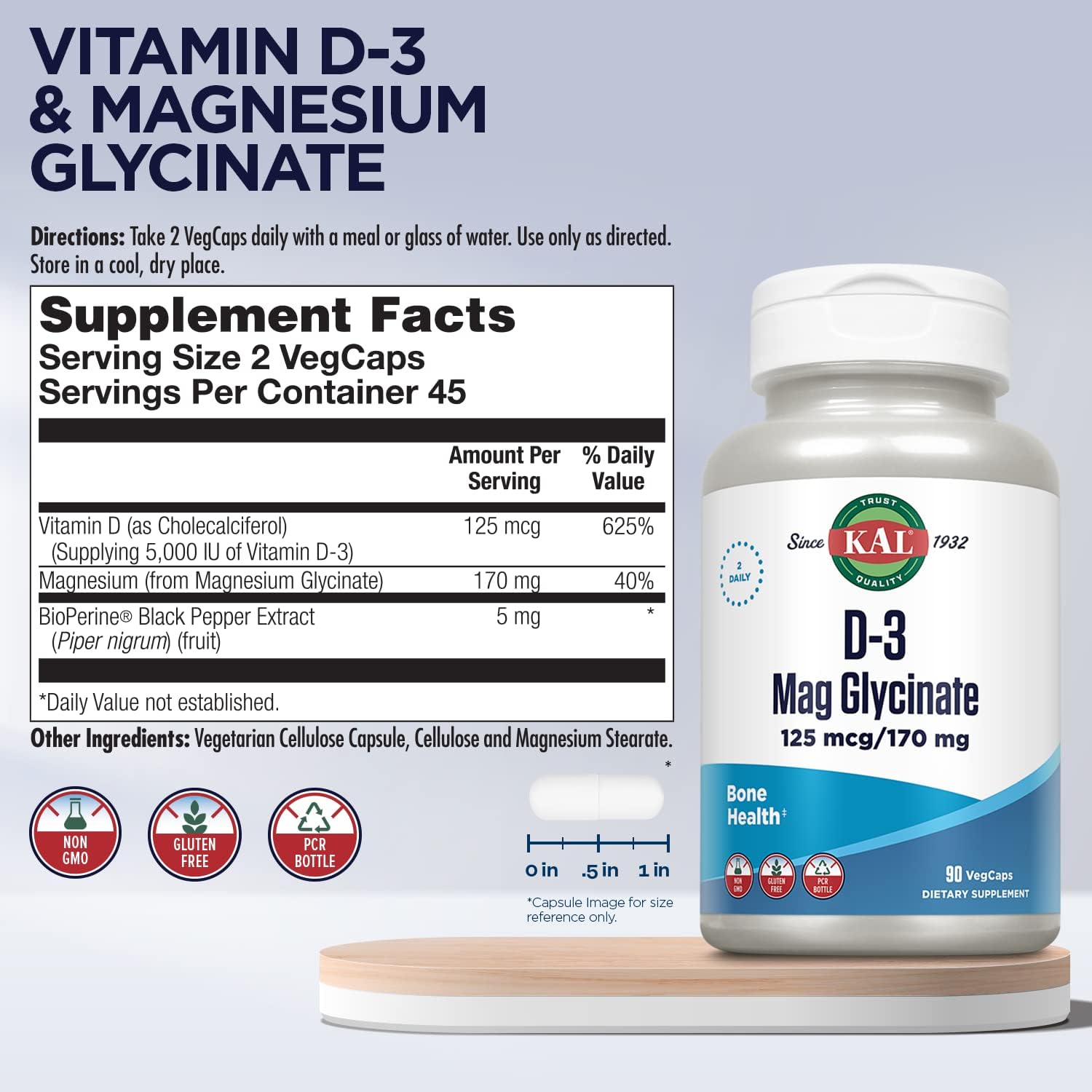 Vitamin D3 and Magnesium Glycinate Supplement with BioPerine for Enhanced Absorption, Muscle and Bone Health Support, Immune Support, Non-GMO and Gluten Free, 45 Servings, 90 VegCaps - Espot.com.au