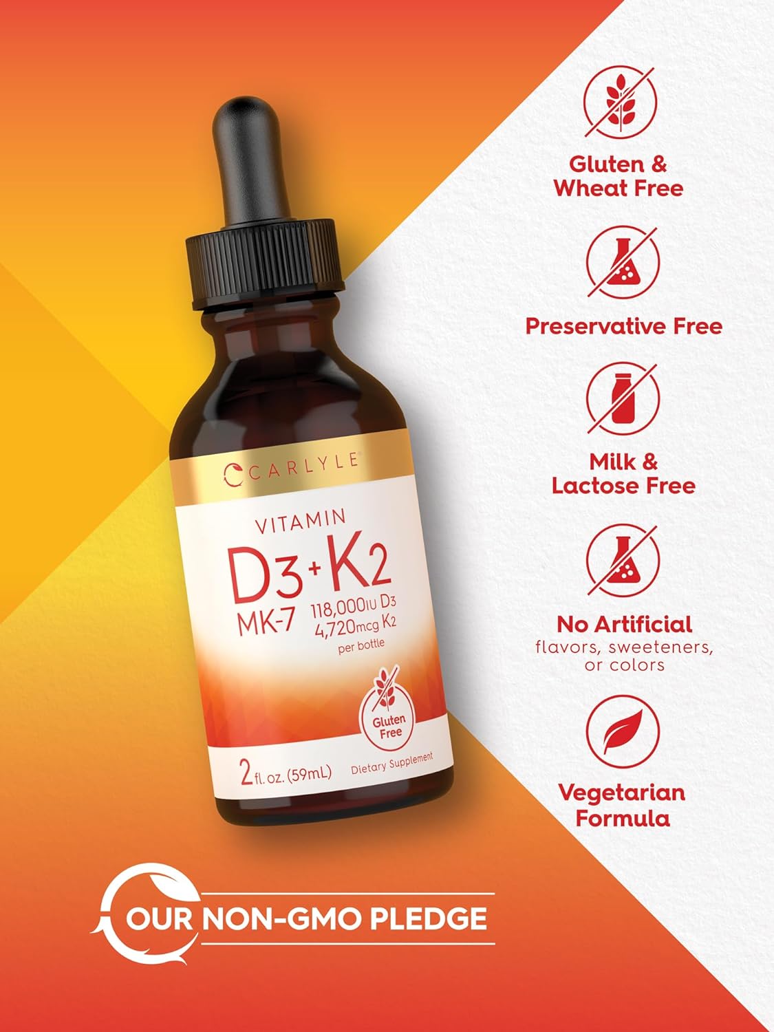 Carlyle Vitamin D3 K2 Drops 2 Fl Oz MK-7 Supplement Vegetarian Non-GMO Gluten Free - Espot.com.au