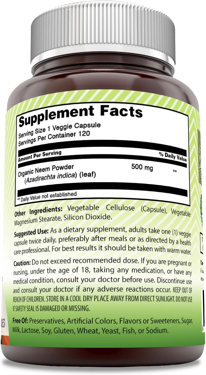India Neem 500 mg Veggie Capsules - Natural Non-GMO Supplement for Vegetarians - Gluten Free - Made in USA - 120 Capsules (2 Pack) - Espot.com.au