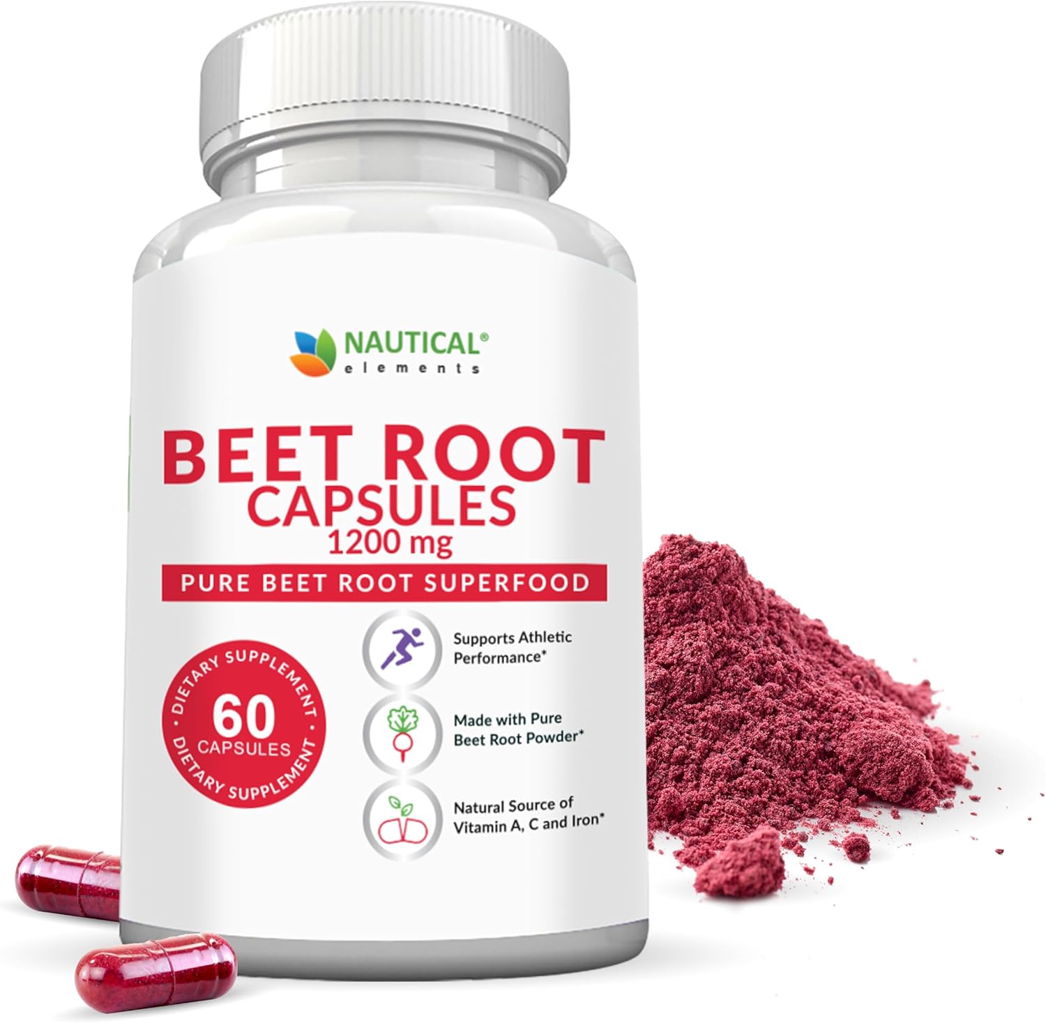 1200mg Nautical Elements Beet Root Powder Capsules - 60 Capsules for Blood Pressure, Athletic Performance, Digestive & Immune Support - Pure, Non-GMO & Gluten Free - Beetroot Supplement - Espot.com.au