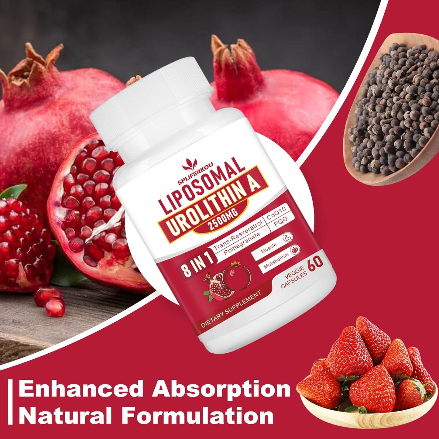 Premium Liposomal Urolithin A Supplement 2500mg with Resveratrol, CoQ10, Pomegranate Extract - Boost Cellular Energy, Gluten-Free - 180 Capsules - Espot.com.au