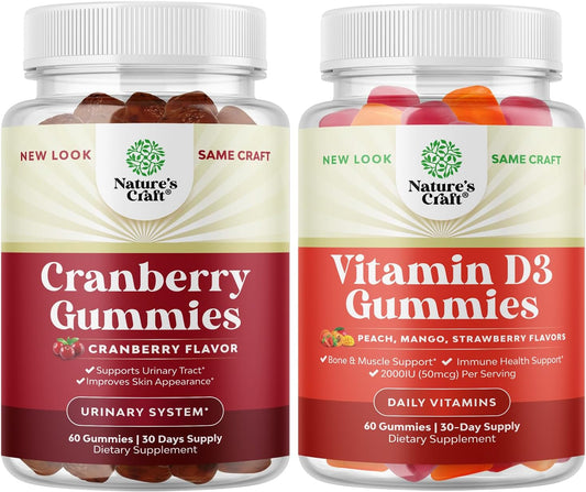 Vitamin D3 and Cranberry Gummies Bundle for Immune Support, Bone Strength, Heart Health, and Urinary Tract Health - Men and Women Supplement for Kidney Support and Bladder - Natures Craft - Espot.com.au