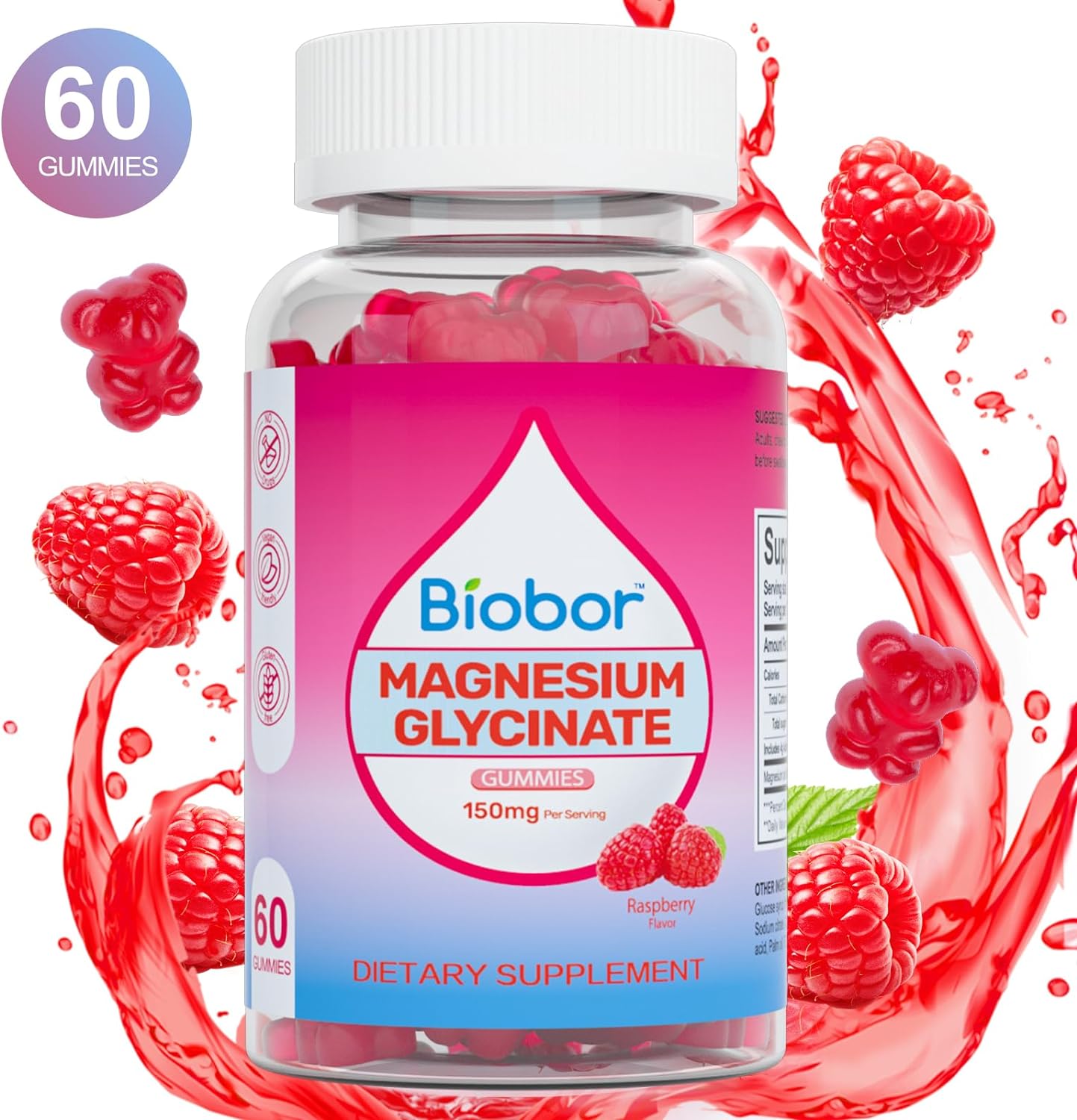 Raspberry Magnesium Gummy Supplement for Adults - Biobor Magnesium Glycinate Gummies for Relaxation, Stress Relief, Muscle, Bone, and Sleep Support (60 Count) - Espot.com.au