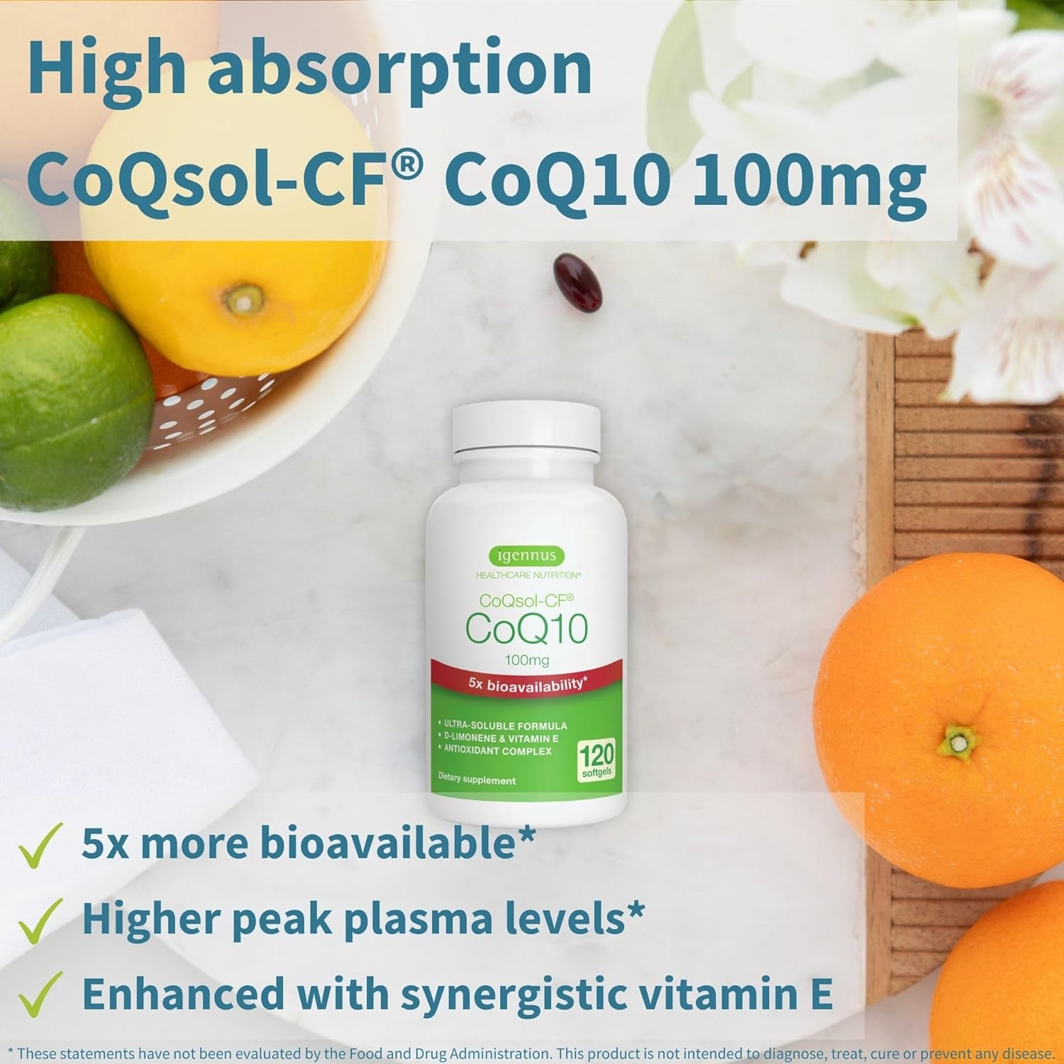 Igennus Advanced CoQ10 Supplement for Heart Health & Energy - 100mg, 120 Servings - Enhanced Bioavailability with CoQsol-CF, D-Limonene & Vitamin E - 1 Daily Dose - Espot.com.au