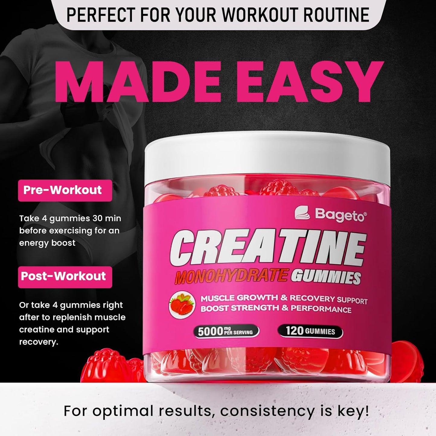 bageto-creatine-gummies-5000mg---men-women---5g-creatine-monohydrate---pre-workout-muscle-strength---vegan---120-count---strawberry-flavor-5
