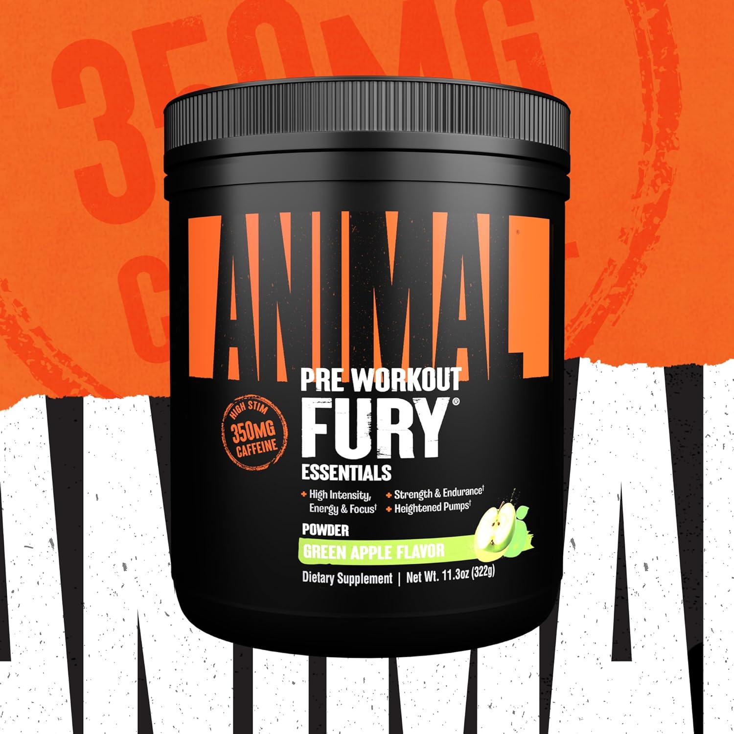 Animal Fury Pre Workout Powder - Energy and Focus Supplement with BCAAs, Caffeine, and Beta-Alanine for Enhanced Performance - Green Apple Flavor - 20 Servings - Espot.com.au