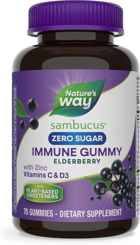 Nature's Way Sambucus Zero Sugar Immune Gummies - Black Elderberry, Vitamin C, D3, Zinc - 70 Plant-Based Gummies for Daily Immune Support - Espot.com.au