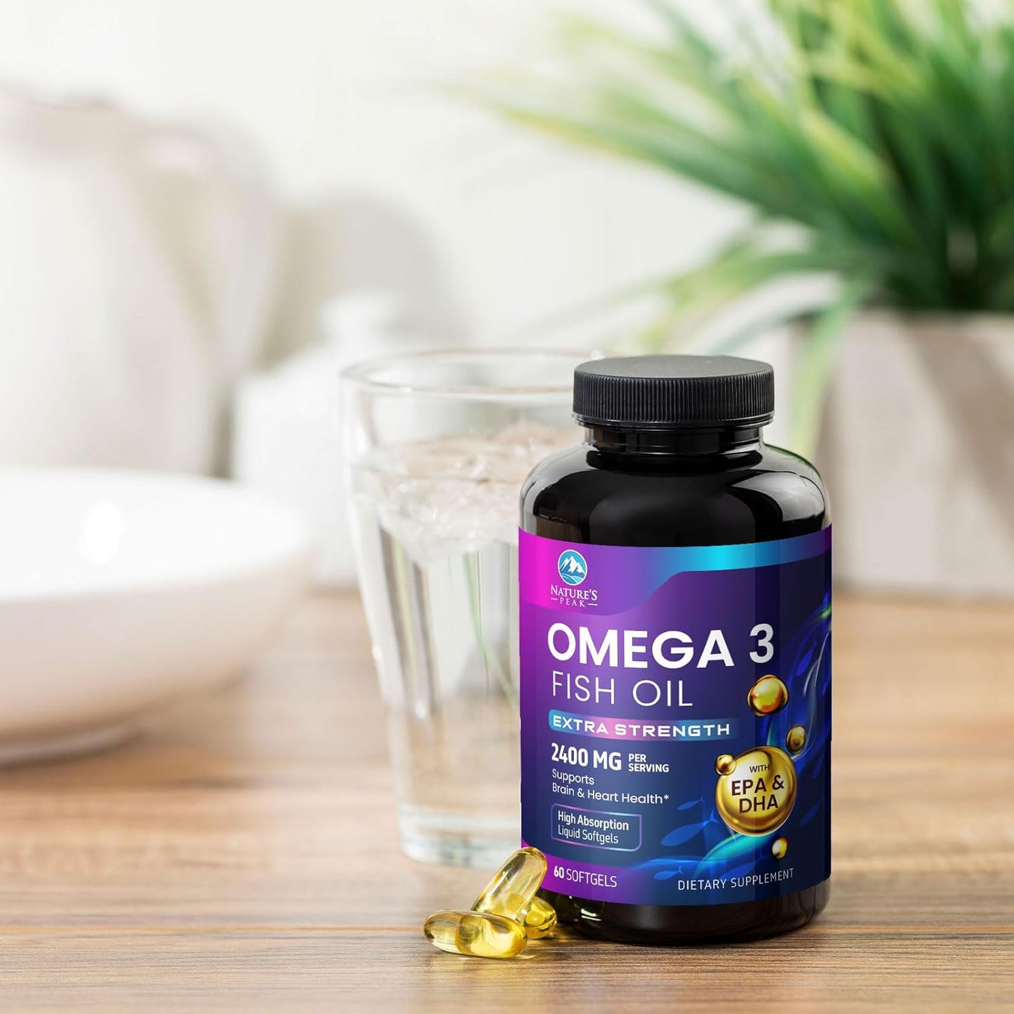 Premium Nature's Peak Omega-3 Fish Oil Softgels - 2400mg Triple Strength Supplements for Brain & Heart Support - Sustainably Sourced EPA & DHA Omega-3 Formula - 60 Count - Espot.com.au