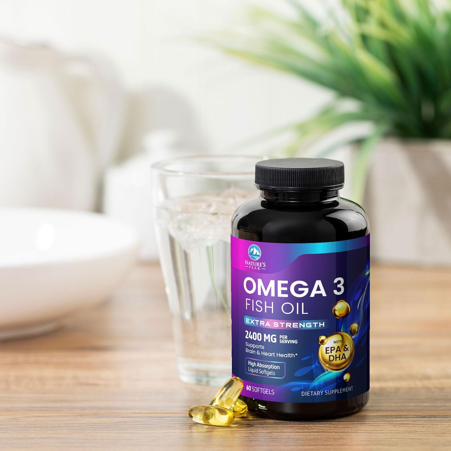 Premium Nature's Peak Omega-3 Fish Oil Softgels - 2400mg Triple Strength Supplements for Brain & Heart Support - Sustainably Sourced EPA & DHA Omega-3 Formula - 60 Count - Espot.com.au