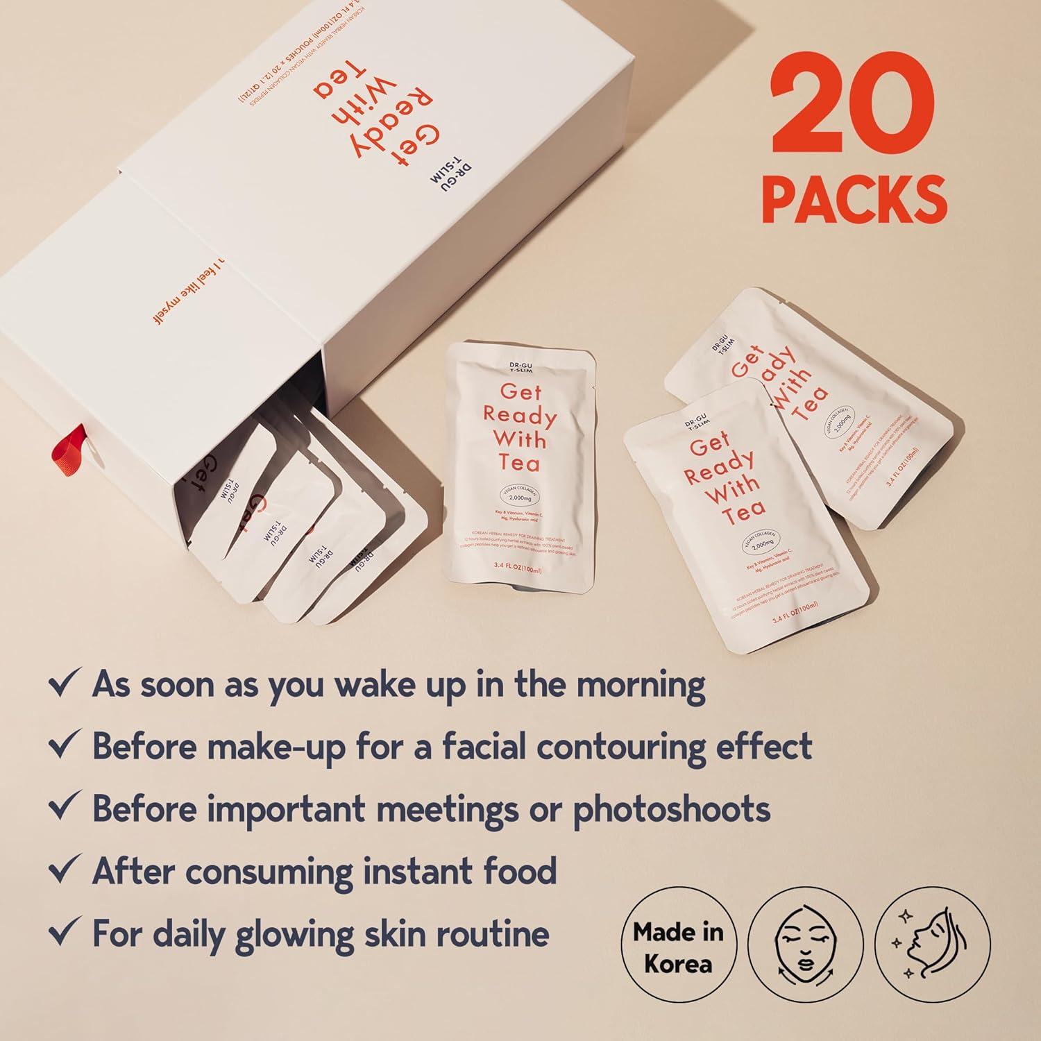 Korean Collagen Supplements with Mixed Berry Flavor - Vegan Peptides and Herbal Extracts Liquid for Glowing Skin - 20 Packs - Dr. Gu T.Slim - Espot.com.au