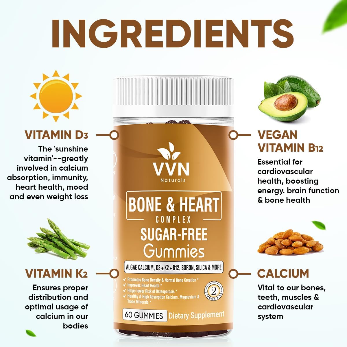 Plant-Based Vegan Calcium Gummies with K2, D3, Magnesium, and 13 Trace Minerals for Bone Density Support | B12 & Heart Complex | 60 ct. - Espot.com.au