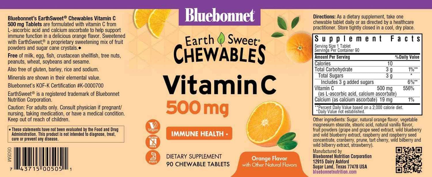 Bluebonnet Nutrition EarthSweet Vitamin C 500 mg Chewable Tablets Orange - Immune Health Support - Antioxidant Protection - Gluten-Free, Vegan - Maximum Absorption - 90 Count Pack