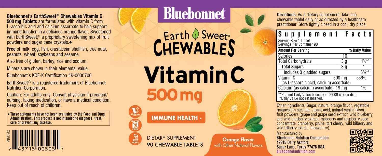 Bluebonnet Nutrition EarthSweet Vitamin C 500 mg Chewable Tablets Orange - Immune Health Support - Antioxidant Protection - Gluten-Free, Vegan - Maximum Absorption - 90 Count Pack