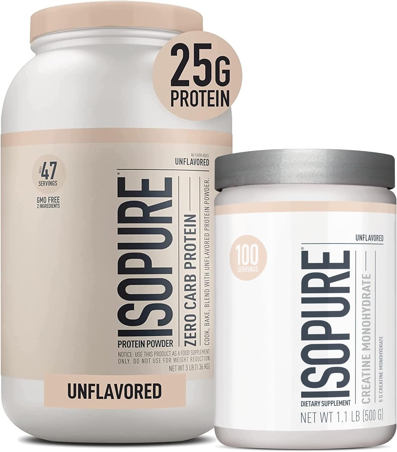 Isopure Unflavored Whey Protein Isolate and Creatine Monohydrate Bundle - 47 Servings of Protein, 100 Servings of Creatine - Espot.com.au
