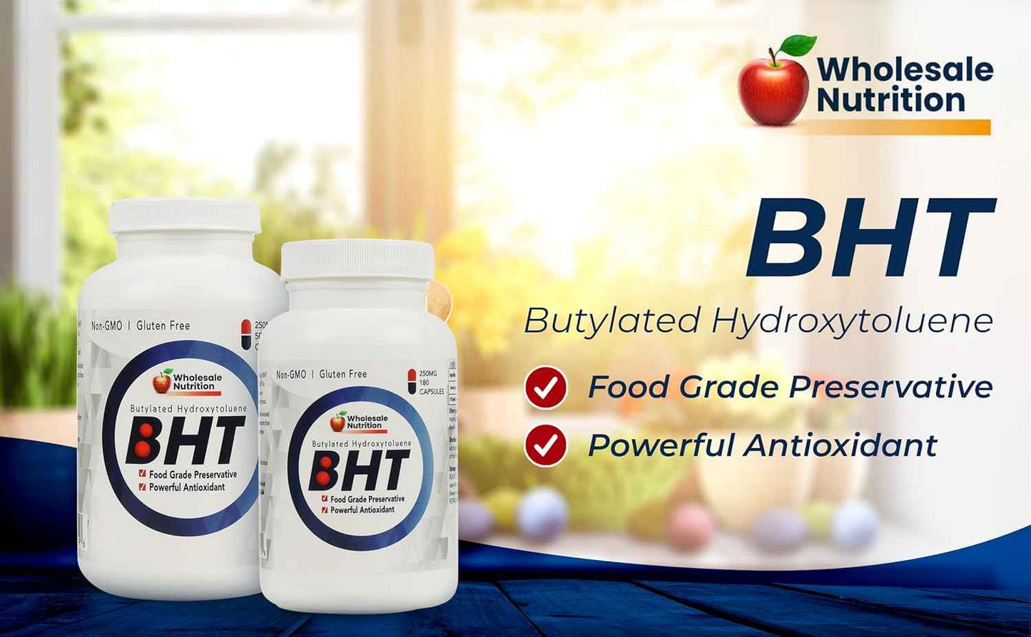 BHT 250mg Wholesale Nutrition - 180 Capsules, Antioxidant Support, Food Grade Preservative, Non-GMO, Gluten-Free - Made in USA