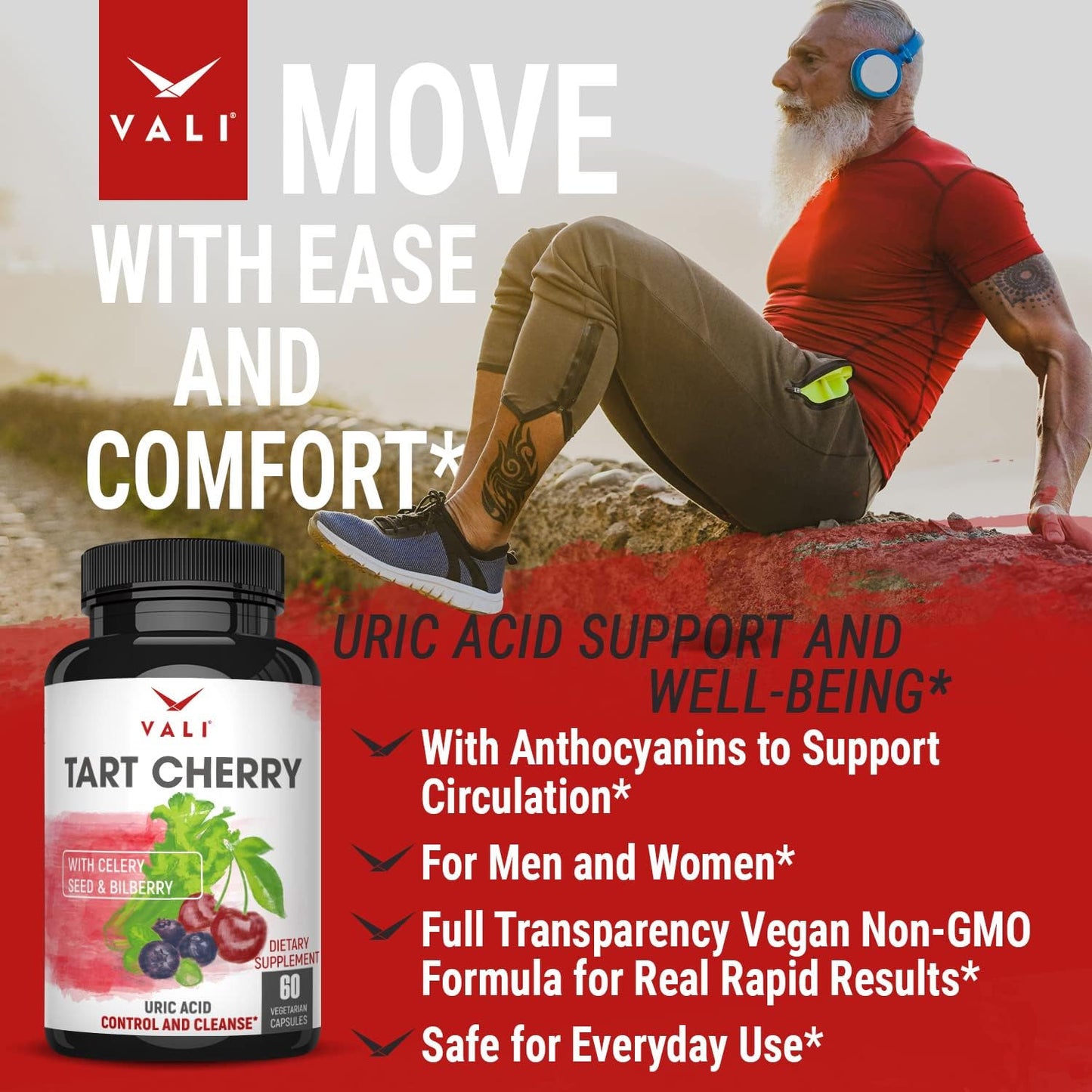 Organic Tart Cherry Uric Acid Cleanse Supplement with Celery & Bilberry Extracts for Joint Support & Muscle Health - 60 Capsules - Espot.com.au