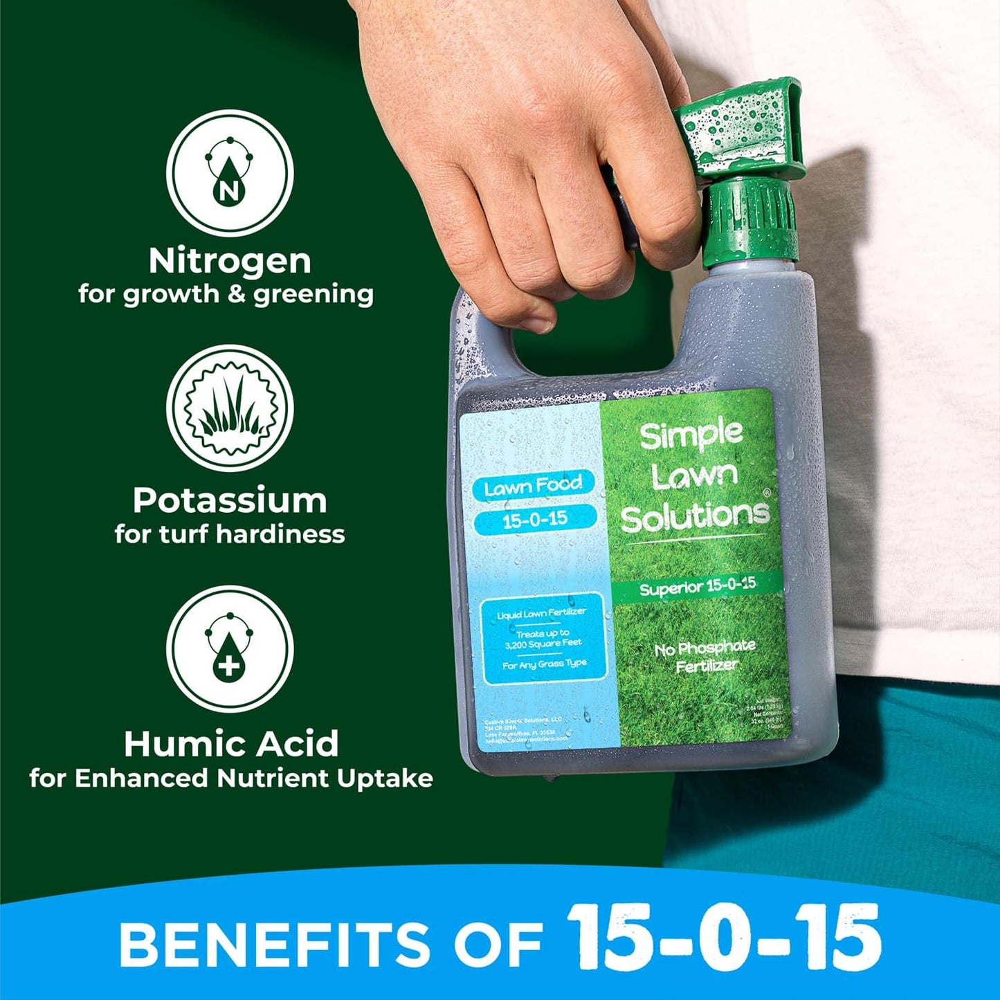 Premium Liquid Lawn Fertilizer 15-0-15 for Growth & Green Grass - Nitrogen, Potassium, Humic, Fish & Seaweed Blend - All Grass Types - Simple Lawn Solutions - All Season Formula - 32oz Sprayer Included - Espot.com.au