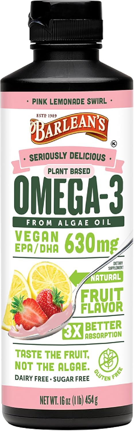 Barlean's Pink Lemonade Liquid Algae Oil Omega 3 Supplement - 630 mg EPA & DHA, Plant Based Omegas, Non-GMO & Gluten Free - 16 oz - Espot.com.au