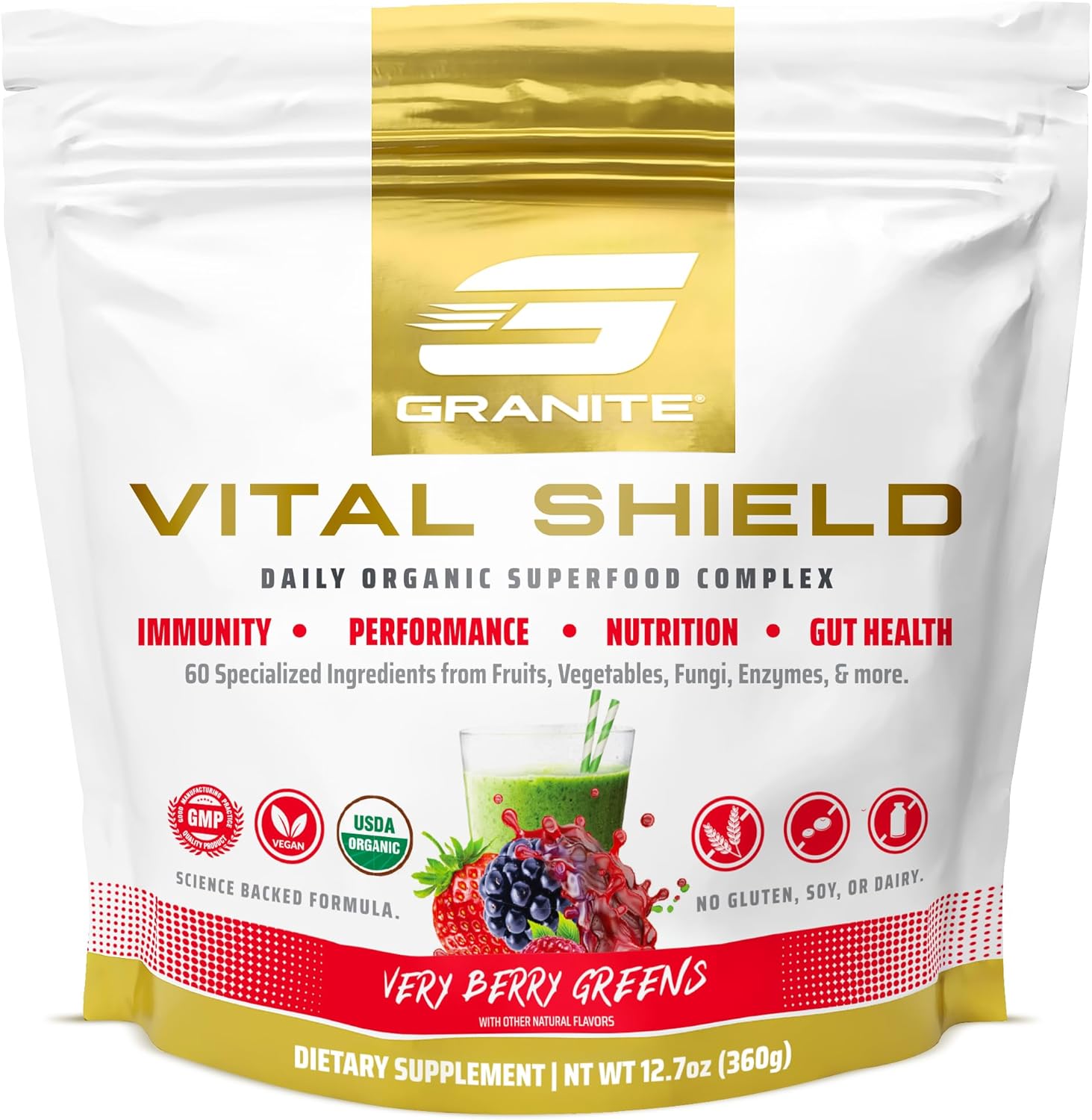 Granite Supplements Vital Shield Very Berry Greens Superfood Powder - Supports Performance, Gut Health, Immunity, & Nutrition - 30 Servings - Espot.com.au
