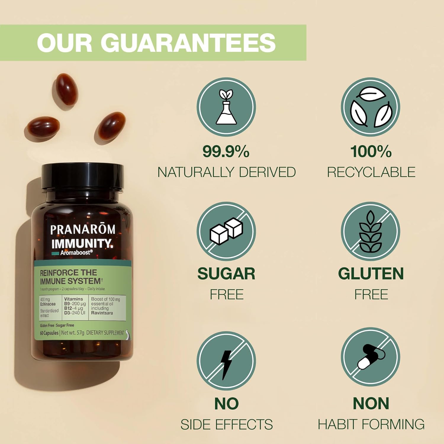Immune Support Supplement with Black Cumin, Echinacea, Vitamins B9, B12, D3, and Ravintsara Oil - 60 Capsules by Pranarom - Espot.com.au