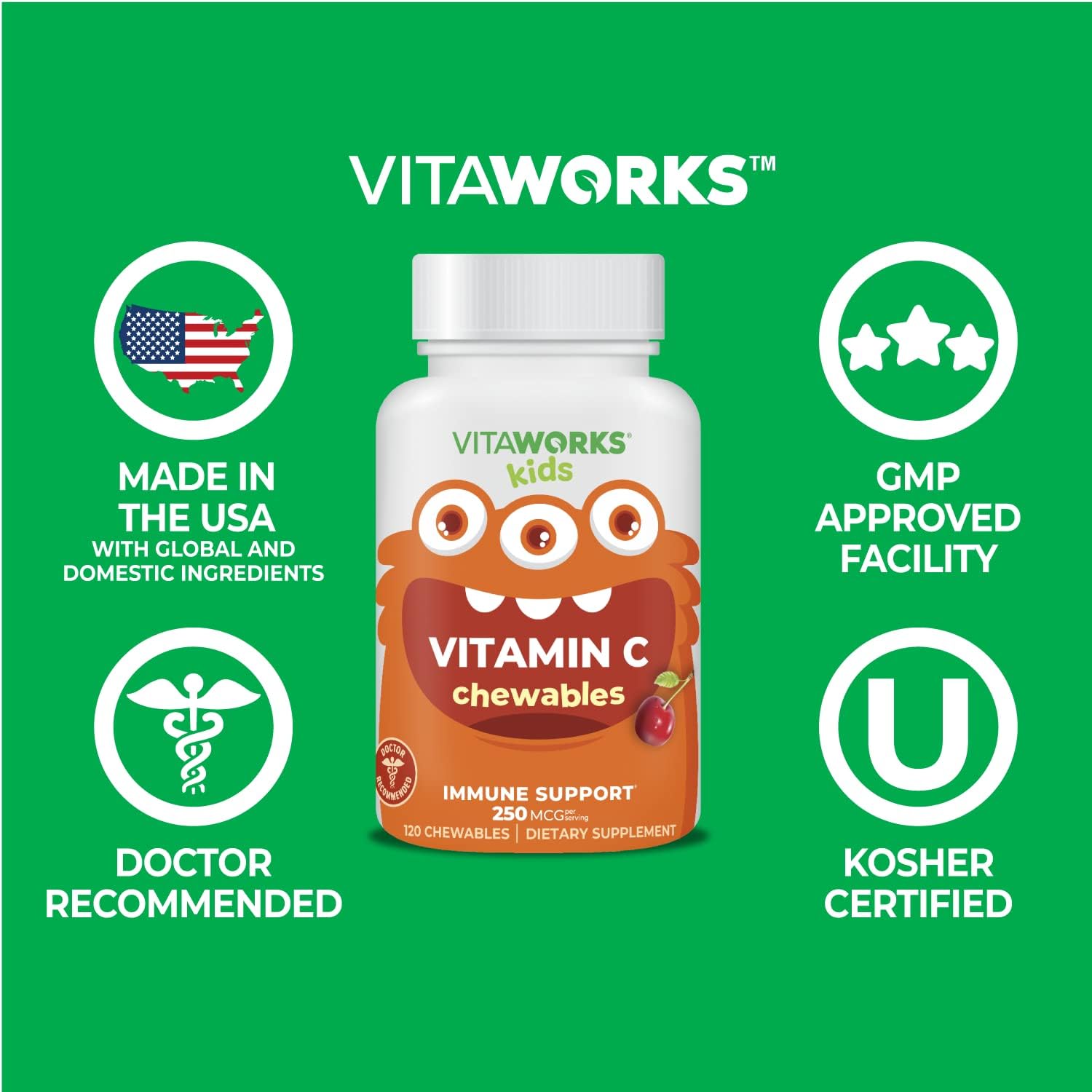 VitaWorks Kids Vitamin C Chewable Tablets 250mg - Natural Cherry Flavor - Vegan, GMO-Free, Gluten Free - Immune Support - 120 Chewables - Espot.com.au