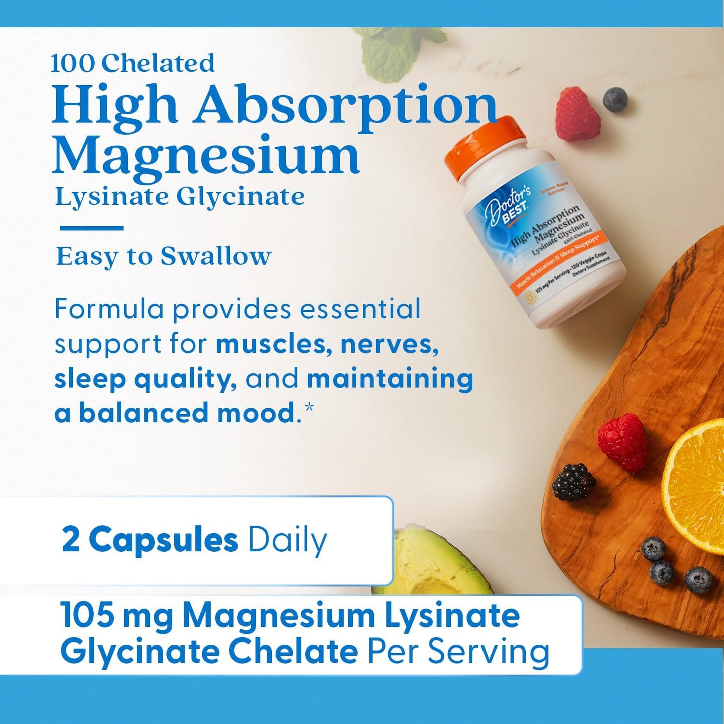 High Absorption Magnesium Lysinate Glycinate Capsules by Doctor's Best - 120 Count, Easy-to-Swallow Formula - Espot.com.au