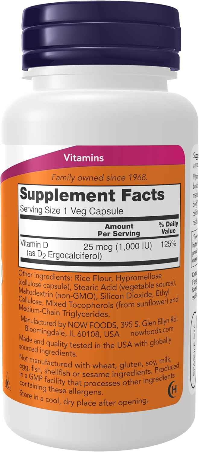 NOW Foods Vitamin D 1000 IU Capsules for Strong Bones and Structural Support - 120 Count