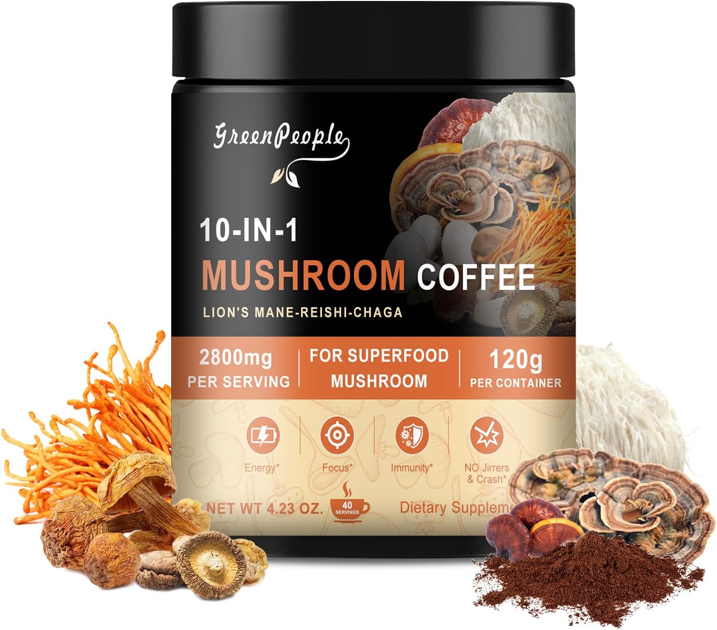 Adaptogenic Superfood Mushroom Coffee with Lion’s Mane, Shiitake, Cordyceps & Turkey Tail, Premium Arabica Instant Coffee for Energy, Focus, Digestion and Immunity - 4.23 Oz - Espot.com.au