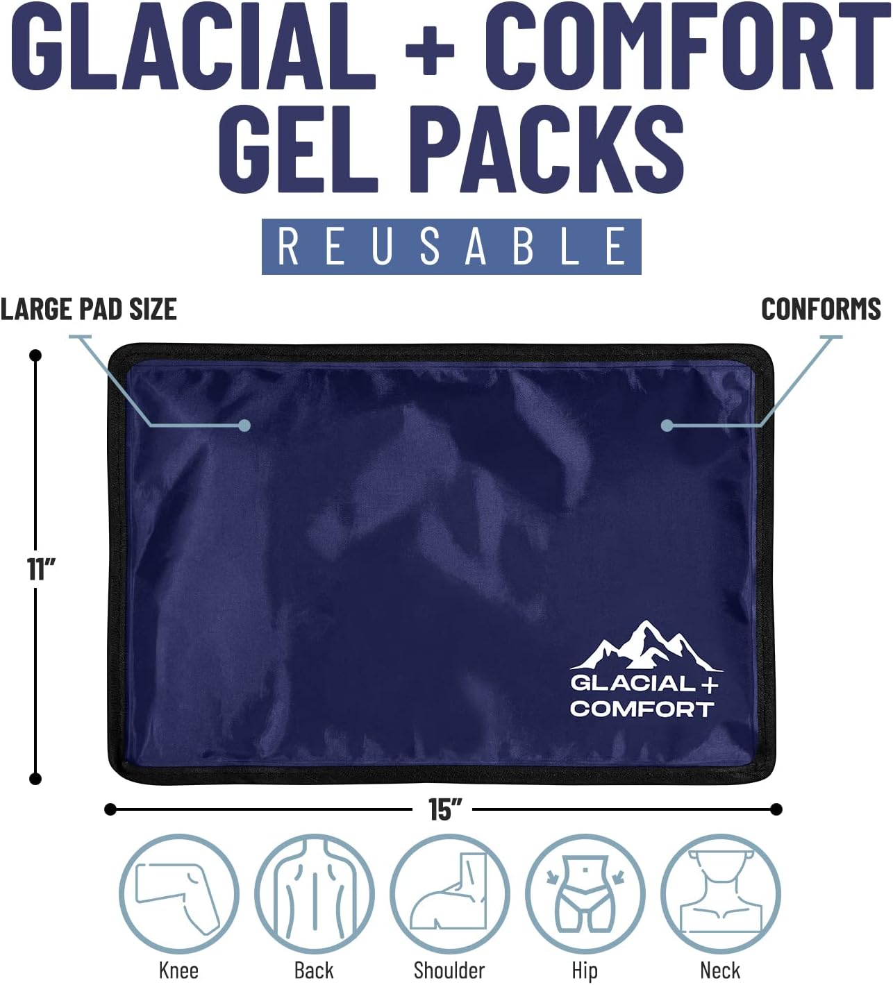 large-gel-ice-pack-for-injuries---reusable-cold-pad-15-x-11-for-back-pain-hip-knee-shoulder-strains-migraine-postpartum-recovery---flex-technology-compression-pad---glacial-comfort-3