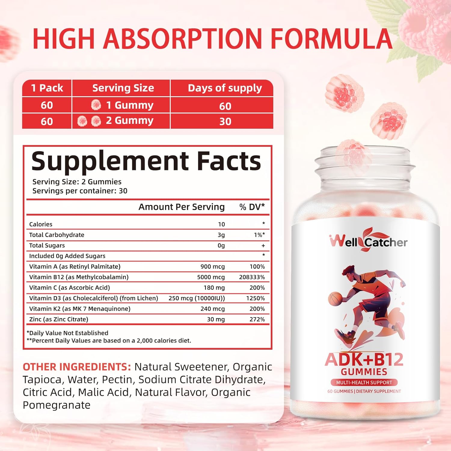 sugar-free-wellcatcher-vitamin-adkb12-gummies-with-d3-k2-b12-mk-7---chewable-vegan-multivitamin-for-men-women---supports-bone-brain-immune-skin-eye-heart-health---60-count-raspberry-flavored---2-pack-2