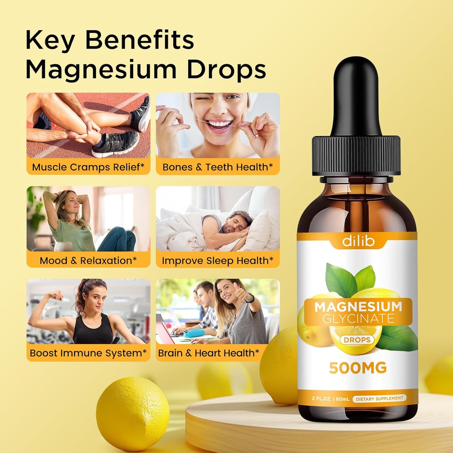 Magnesium Glycinate Liquid Drops 500mg with Calcium, Zinc, Vitamin B6, D3, L-Theanine, Omega 3 - Lemon Flavor Supplement for Sleep, Mood, Stress Relief, Bone, Muscle - Espot.com.au