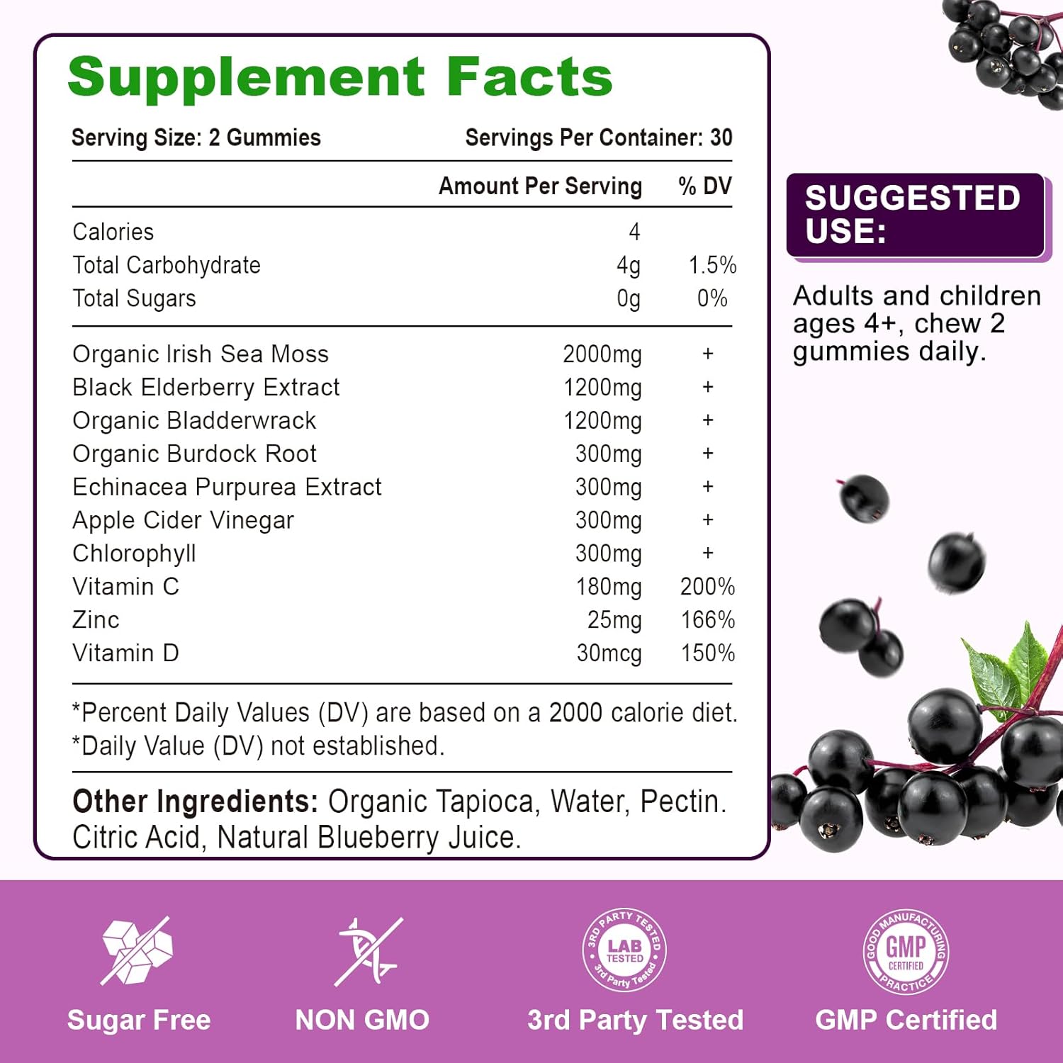Blueberry Elderberry Gummies with Sea Moss, Bladderwrack, Echinacea, Apple Cider Vinegar - Vitamin C, D & Zinc Immune Support Supplement for Women, Men, Adults and Kids - 60 Ct - Espot.com.au