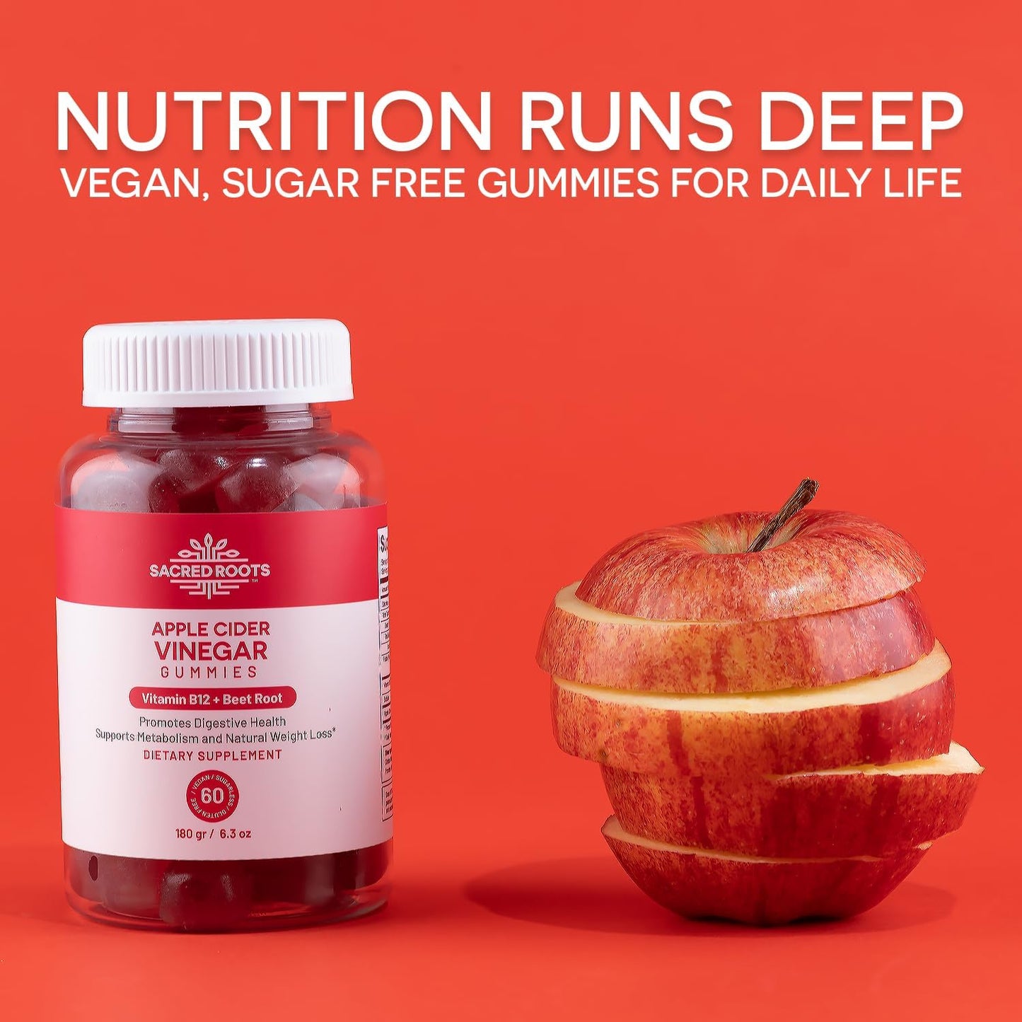 Organic Apple Cider Vinegar Gummies with Vitamin B12 and Beetroot Powder - Vegan, Sugar-Free, Non-GMO & Gluten-Free - Made in USA (30 Servings) - Espot.com.au