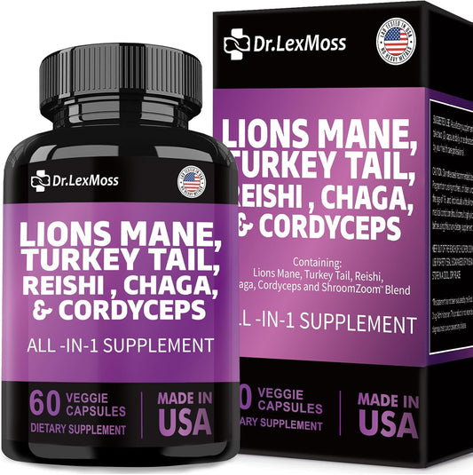 organic-mushroom-supplement-with-lions-mane-turkey-tail-reishi-cordyceps-chaga-maitake-meshima-poria-cocos-shiitake-oyster-porcini-enoki---60-capsules---dr-lexmoss-1