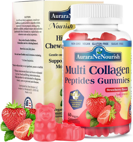 sugar-free-multi-collagen-peptides-gummies-with-biotin-hyaluronic-acid-and-vitamins---strawberry-flavor-5000mg-protein-type-i-ii-iii-v-x---skin-hair-nails-joints-bones-1
