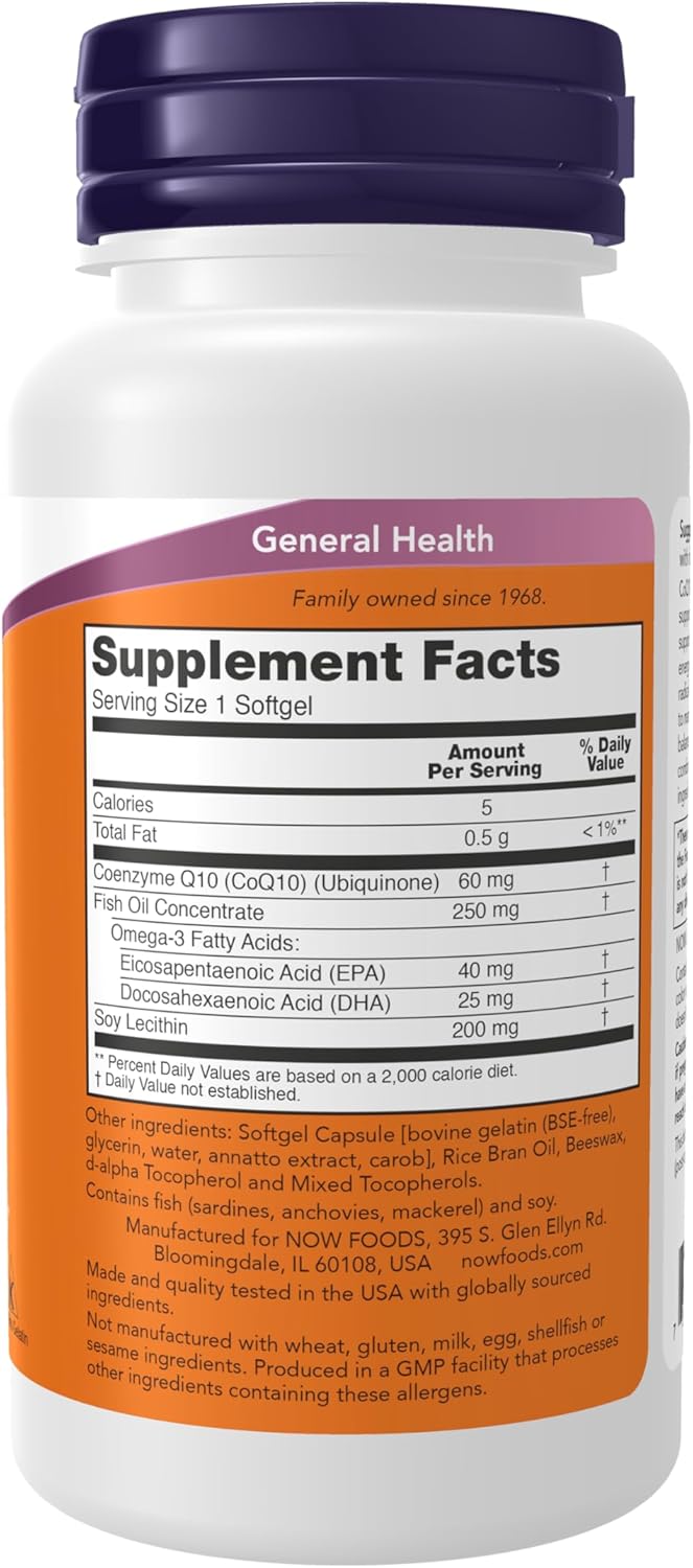NOW Foods CoQ10 60 mg with Omega 3 Fish Oil Softgels for Cardiovascular Health - 60 Count - Espot.com.au