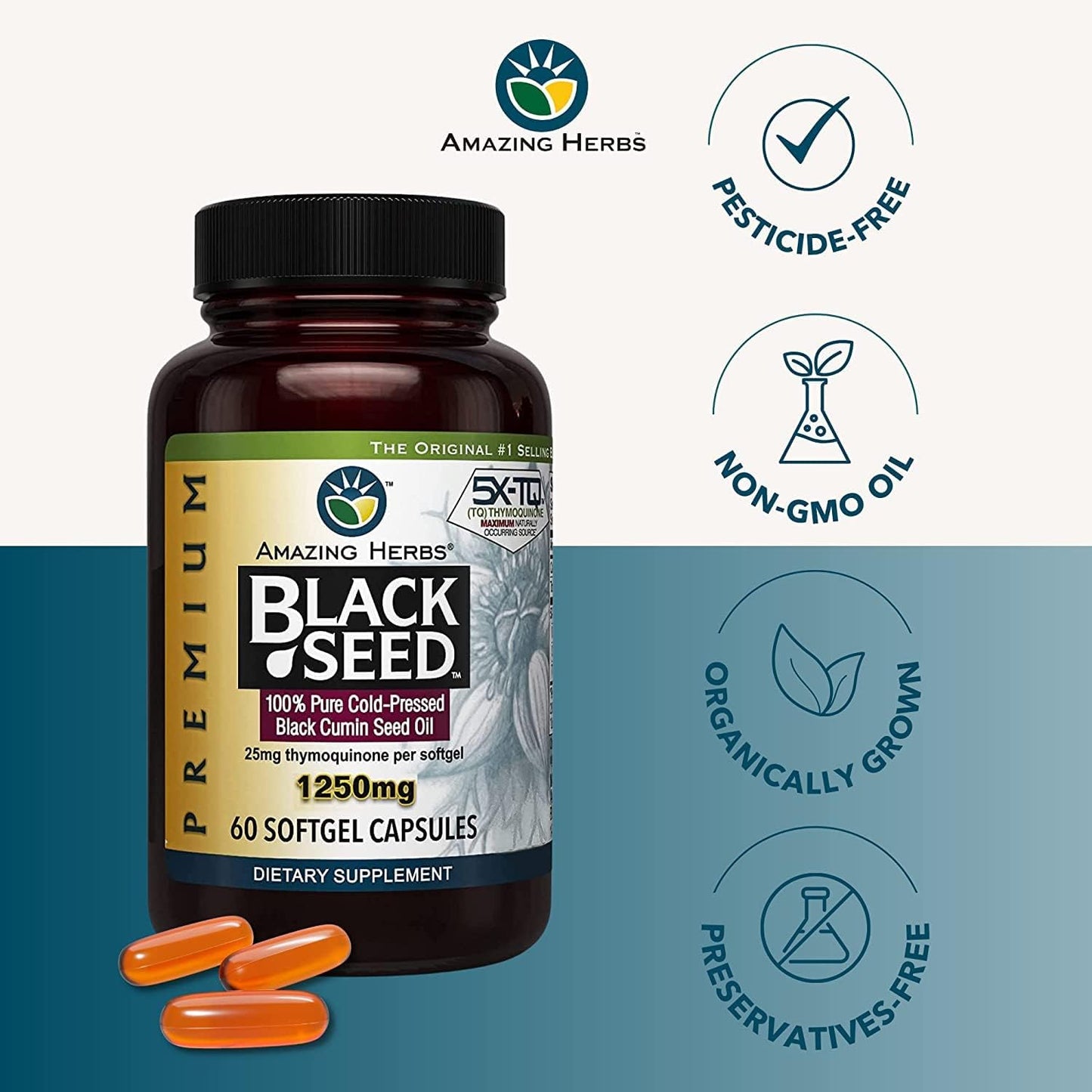 Premium Black Seed Oil Capsules - 60 Count, 1250mg - Cold Pressed Nigella Sativa for Digestive Health, Immune Support & Brain Function - Pack of 2 - Espot.com.au