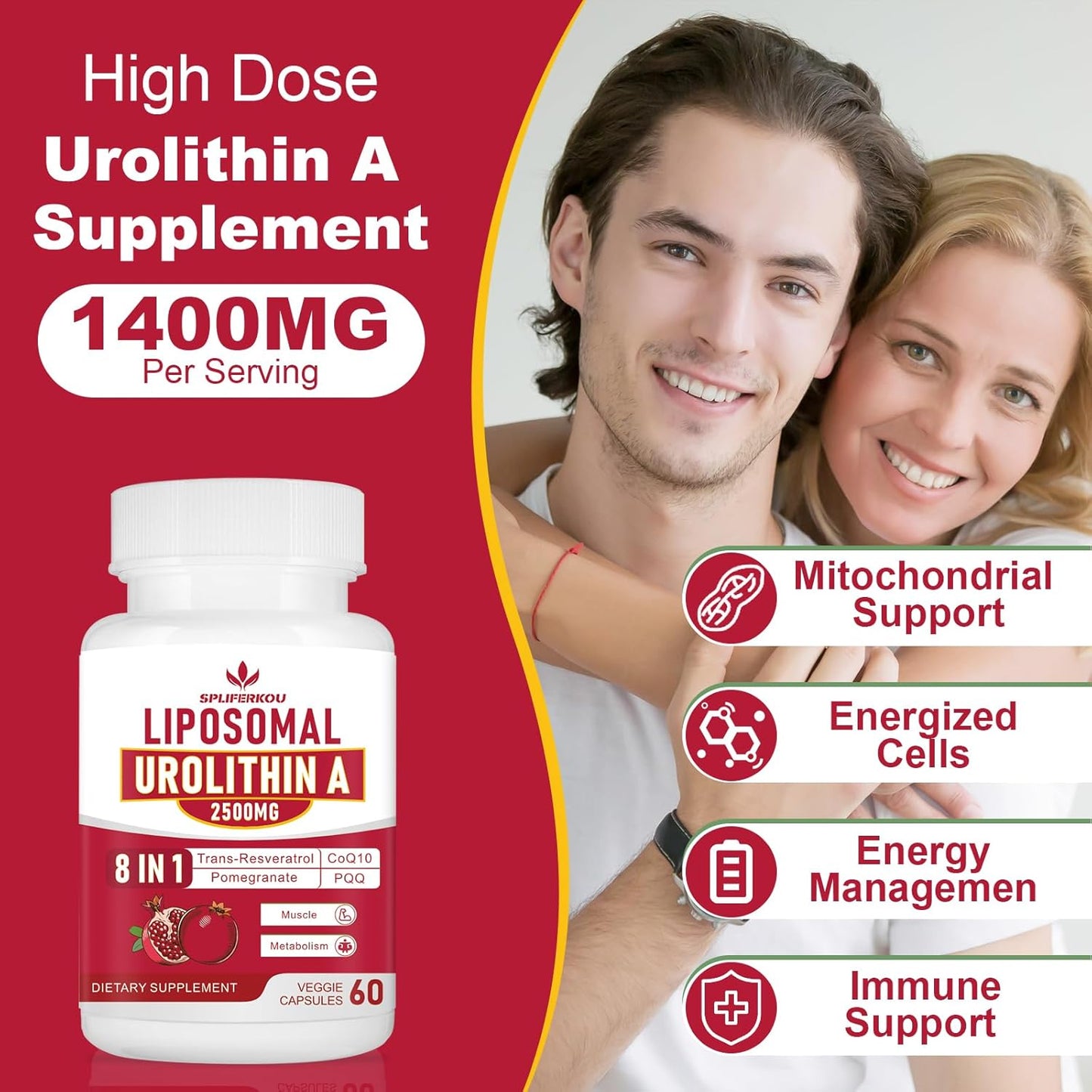 Premium Liposomal Urolithin A Supplement 2500mg with Resveratrol, CoQ10, Pomegranate Extract - Boost Cellular Energy, Gluten-Free - 180 Capsules - Espot.com.au