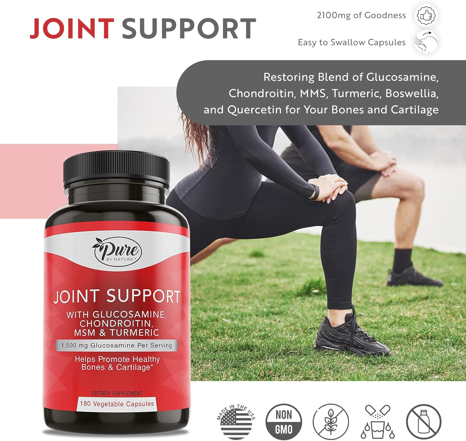 180 Capsules Pure By Nature Joint Support Supplement with Glucosamine, Chondroitin, Turmeric, MSM, and Boswellia for Joint Health - Espot.com.au