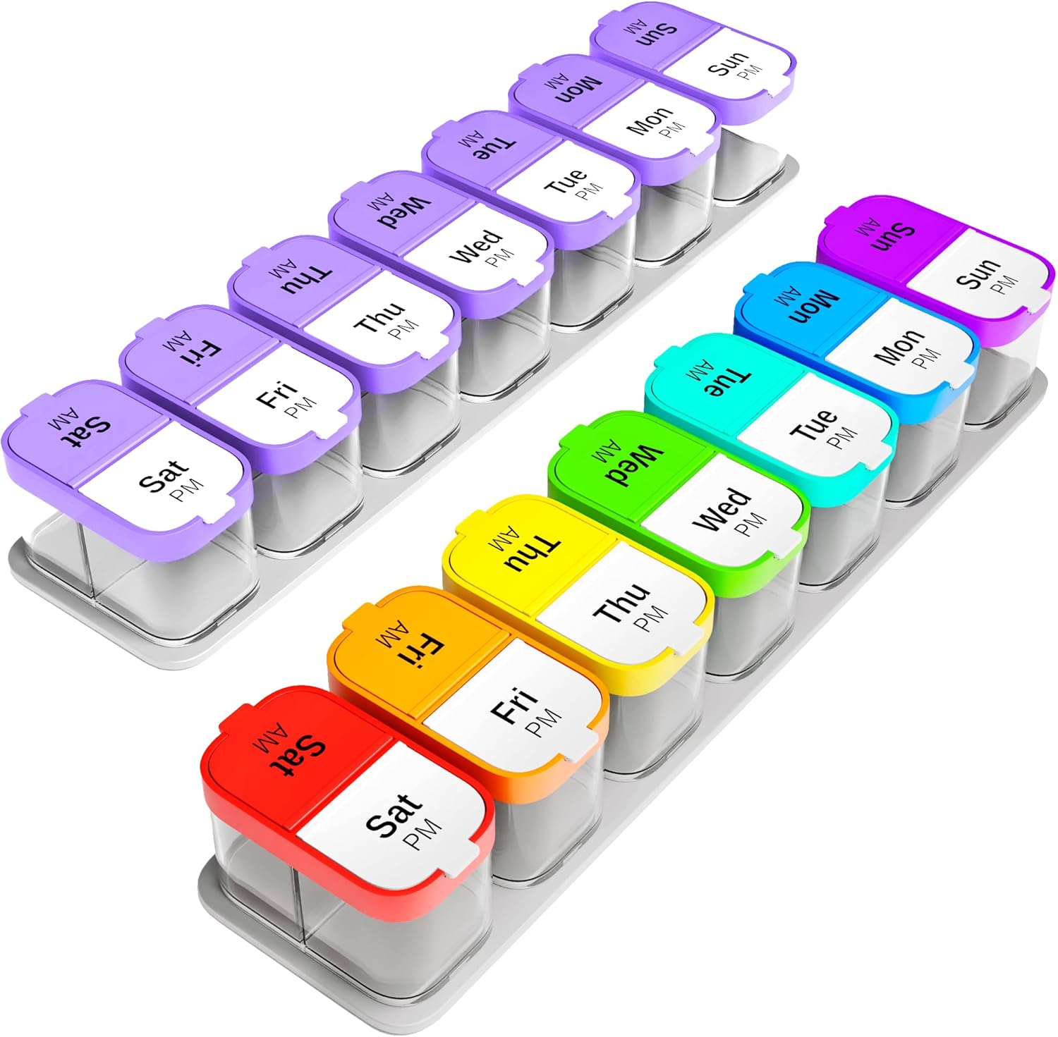 bexeen-extra-large-pill-organizer-set---2-xl-vitamin-holders-with-7-detachable-compartments---reliable-medicine-dispenser-for-home-and-travel---big-supplement-container-in-rainbow-purplewhite-1