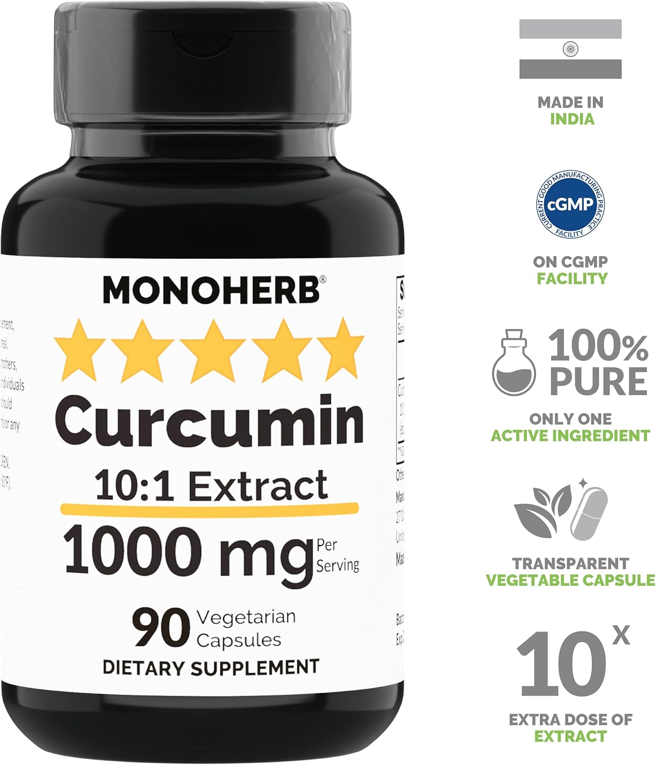 High Potency MONOHERB Curcumin Extract Capsules - 90 Vegetarian Capsules, 1000mg each - Equivalent to 10,000mg - 500mg per Capsule - Espot.com.au