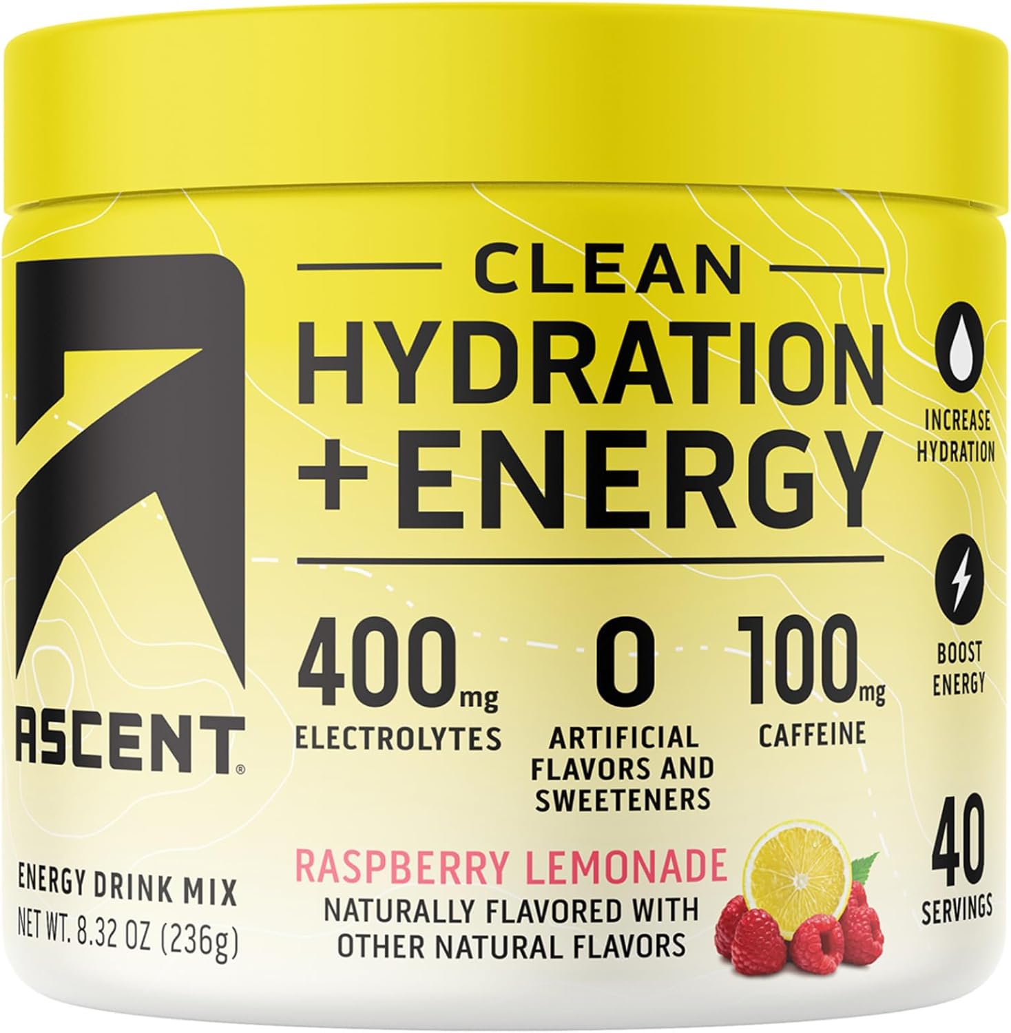 Ascent Clean Hydration + Energy Electrolytes Powder - Raspberry Lemonade Flavor with 100mg Caffeine and 400mg Electrolytes - No Artificial Ingredients - 40 Servings - Espot.com.au
