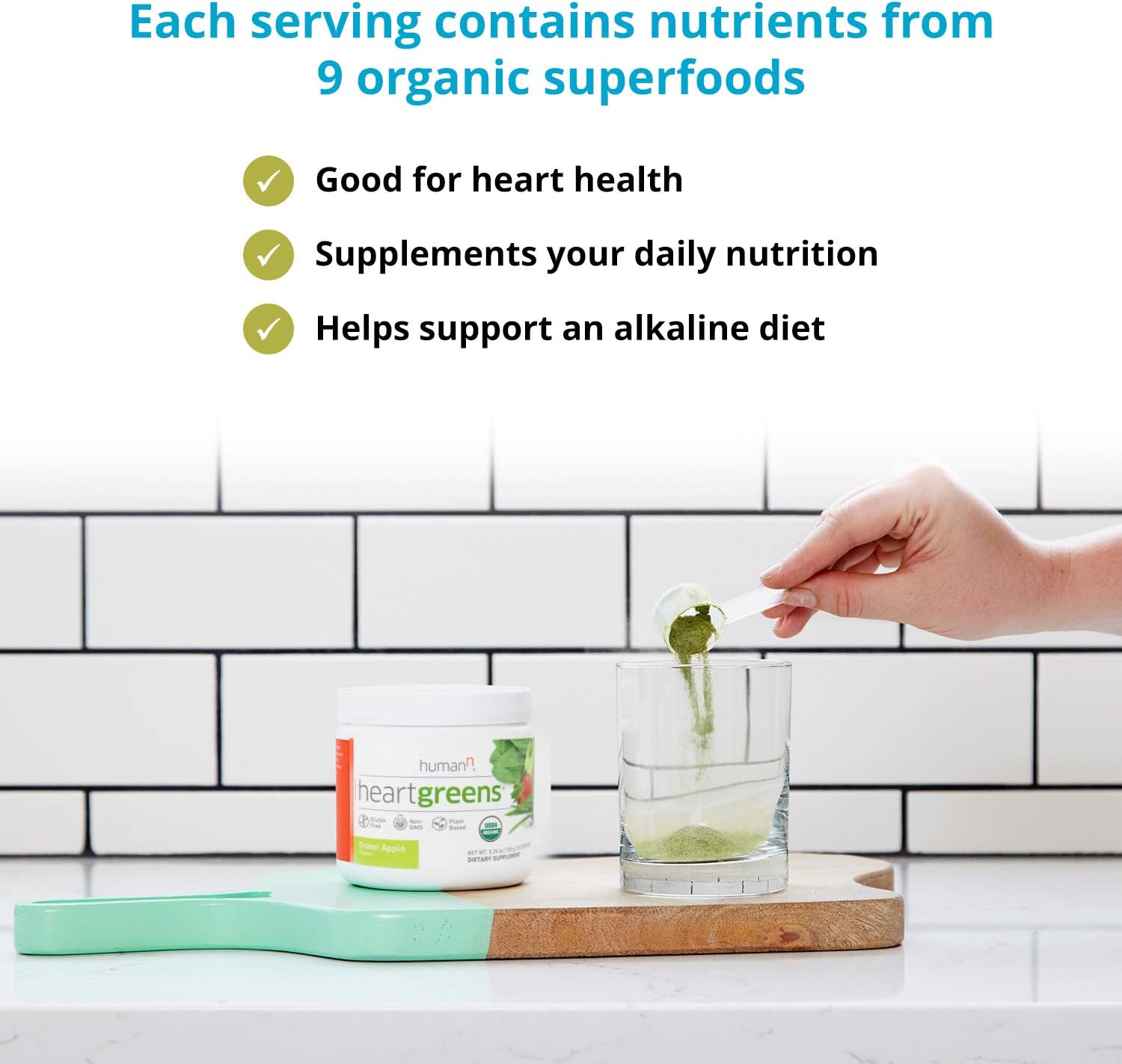 Organic HeartGreens Superfood Powder with Wheatgrass, Kale, Spinach, and Spirulina - USDA Organic Non-GMO, Green Apple Flavor - 5.29oz by humanN - Espot.com.au