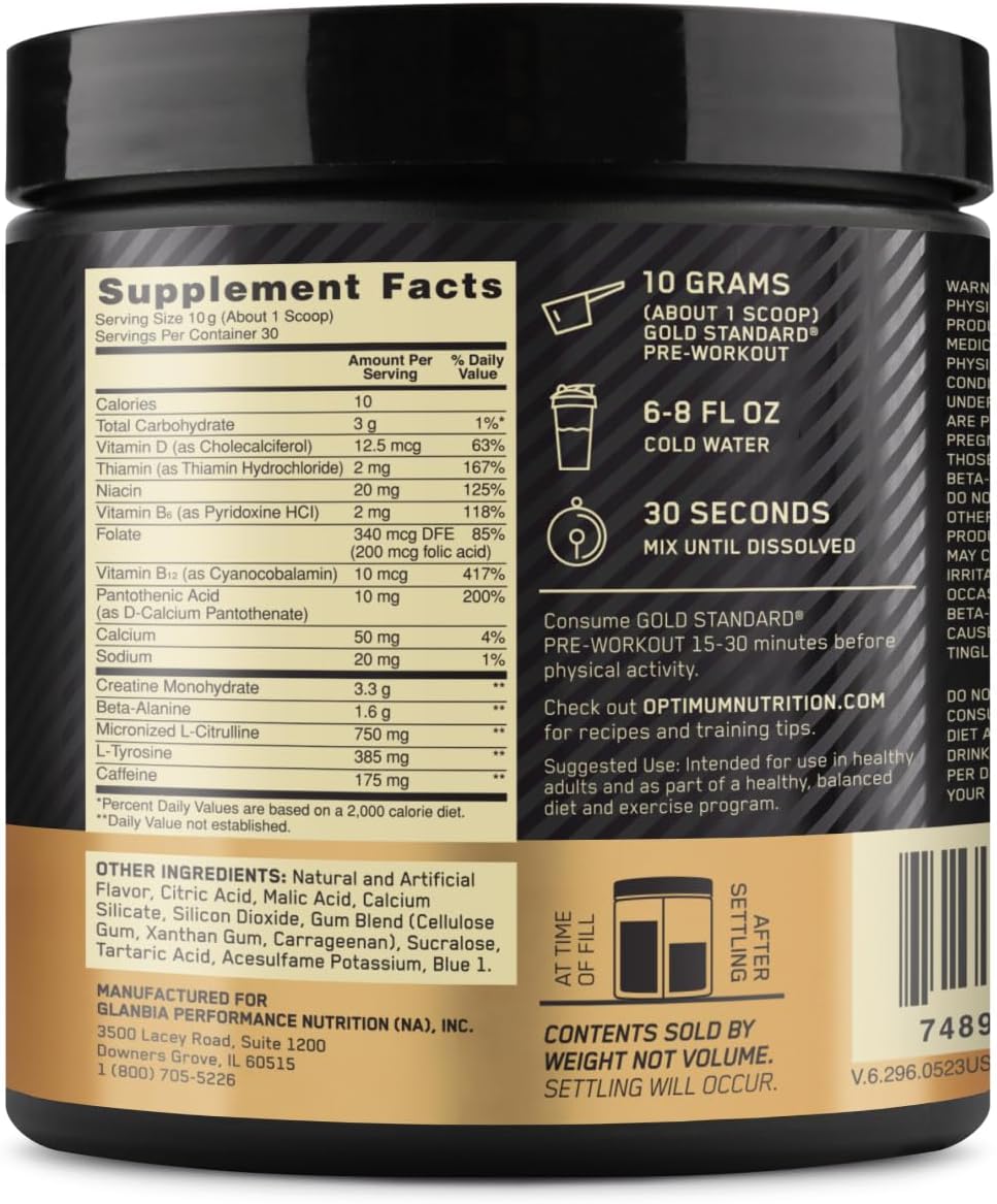 Gold Standard Pre-Workout with Vitamin D, Creatine, Beta-Alanine, Caffeine, Keto Friendly Energy Boost, Blueberry Lemonade, 30 Servings - Espot.com.au