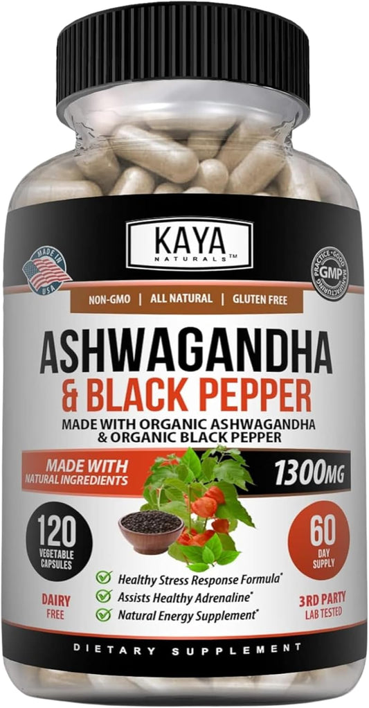Organic Ashwagandha Capsules 1300mg - Stress Relief, Adrenal & Thyroid Support with Black Pepper - 120 Count - 100% Pure Ashwagandha - Kaya Naturals - Espot.com.au