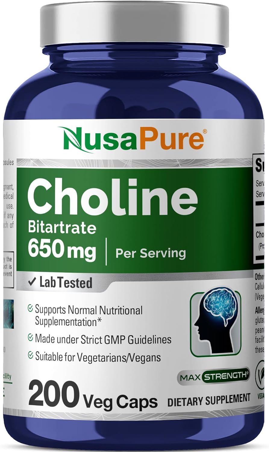 Choline Bitartrate Supplement 650mg - 200 Veg Capsules Vegan, Non-GMO - NusaPure - Espot.com.au