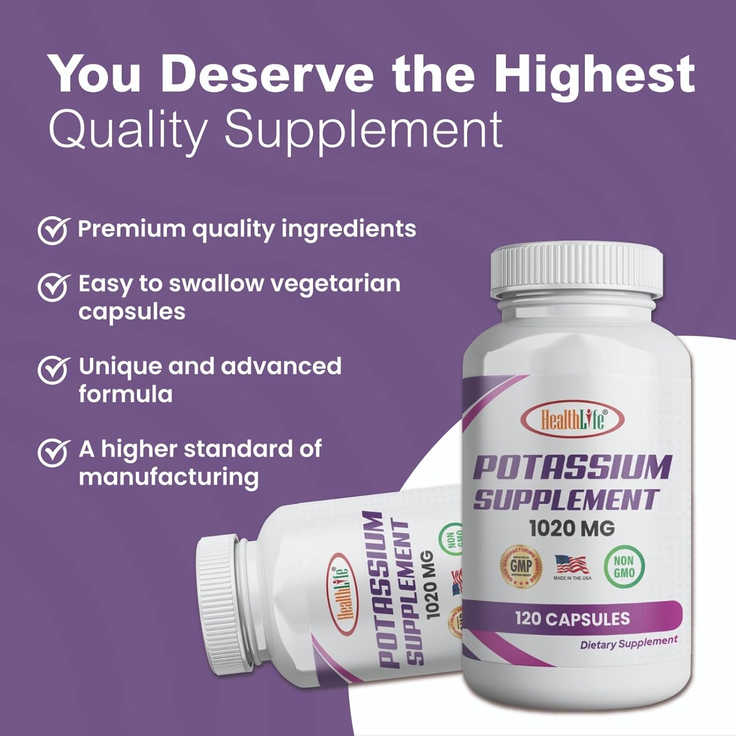 Potassium Bicarbonate Supplement - 1020 mg, 60 Servings, 120 Capsules - Boost Health with HealthLife Potassium - Espot.com.au
